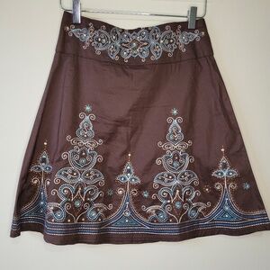 Heart Soul Brown Embellished Embroidered  A-Line Skirt Size 1 Zip Back